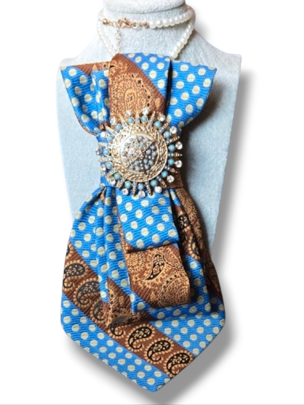 3/$60 Blue and Brown Polka Dot Paisley Statement Neck Foldee Cravat with Brooch